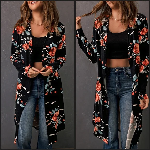 Black Floral Open Front Longline Cardigan - Picture 4 of 5